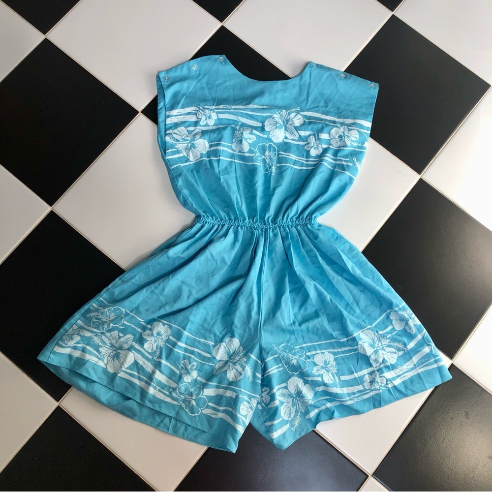 Vintage 70s Hans Jutte Romper Hawaiian Elastic Waist Bright Blue Floral Beachy M
